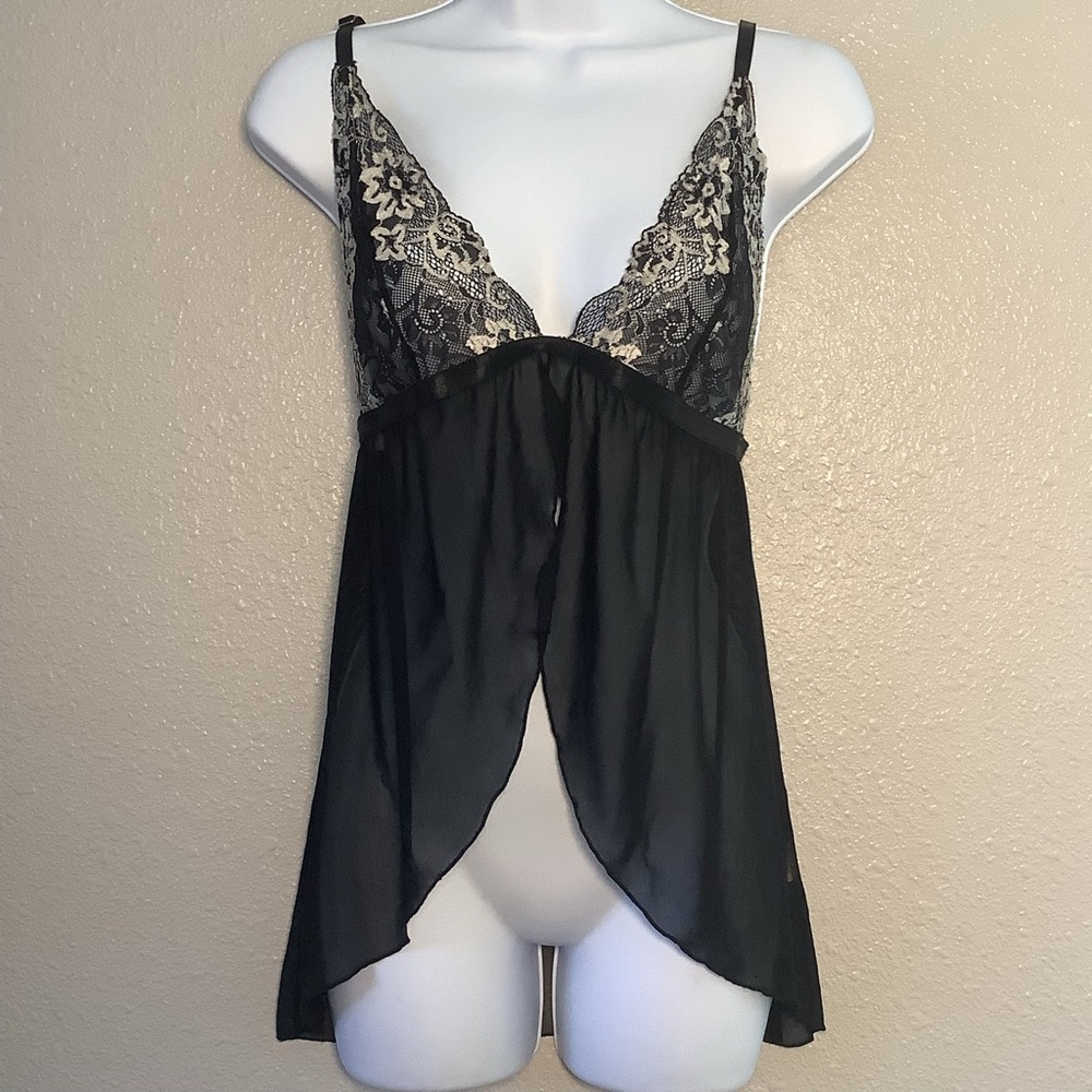 Y2K Black Cream‎ Sheer Lace Nymphette Dollette Sexy Feminine Slip Chemise XL